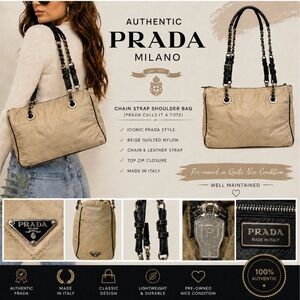 Authentic Prada Tessuto Impuntu Beige Quilted Nylon Chain Shoulder Tote Bag